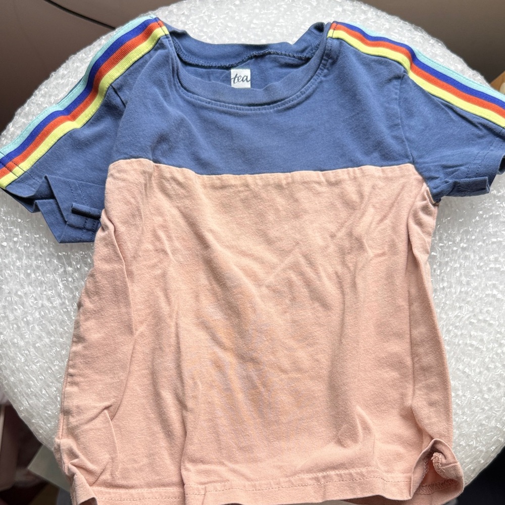 Tea Collection Kids' Rainbow Sleeve Blue and Peach Tee